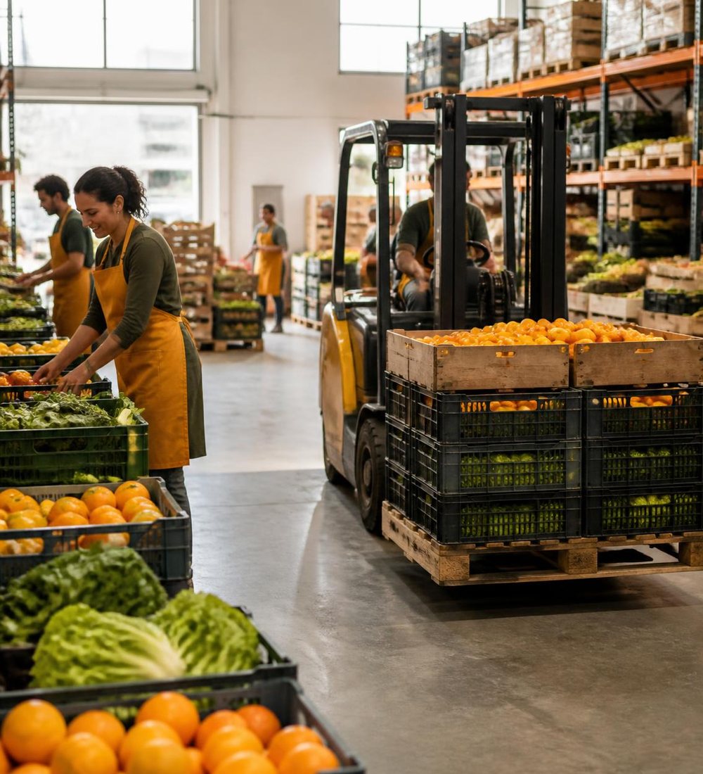 Open Pantry warehouse with stacked produce crates