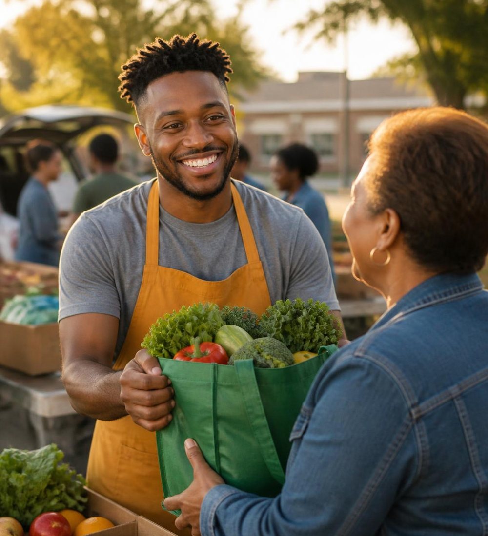 Volunteer handing a bag of fresh produce to a smiling grandmother at a mobile pantry